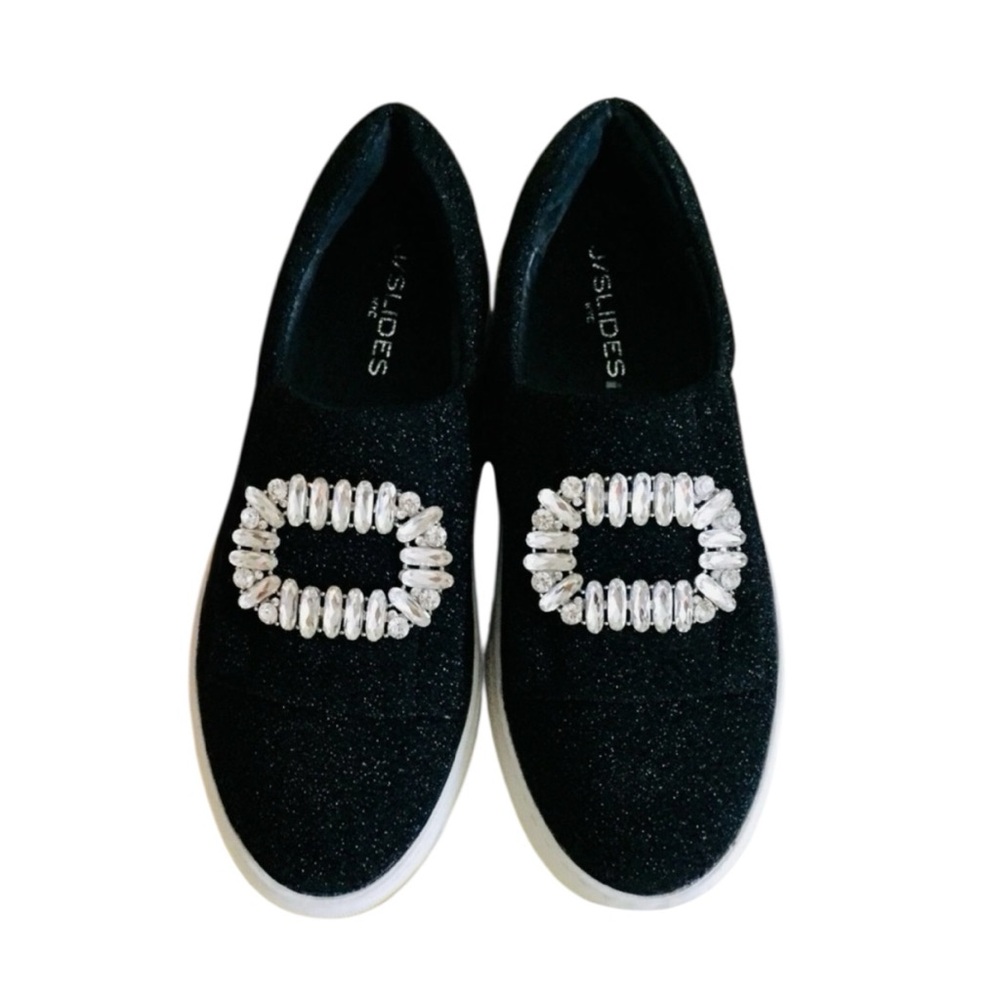 J Slides Artiste Wool Black Glitter Women's Fashion Sneakers, Bejeweled, Size 7M